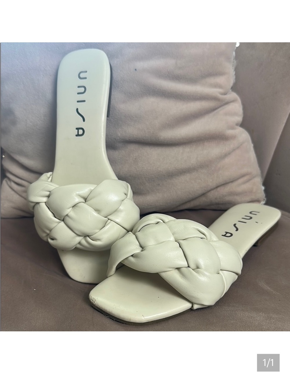 Francesca’s cream braided woven slip on neutral sandals